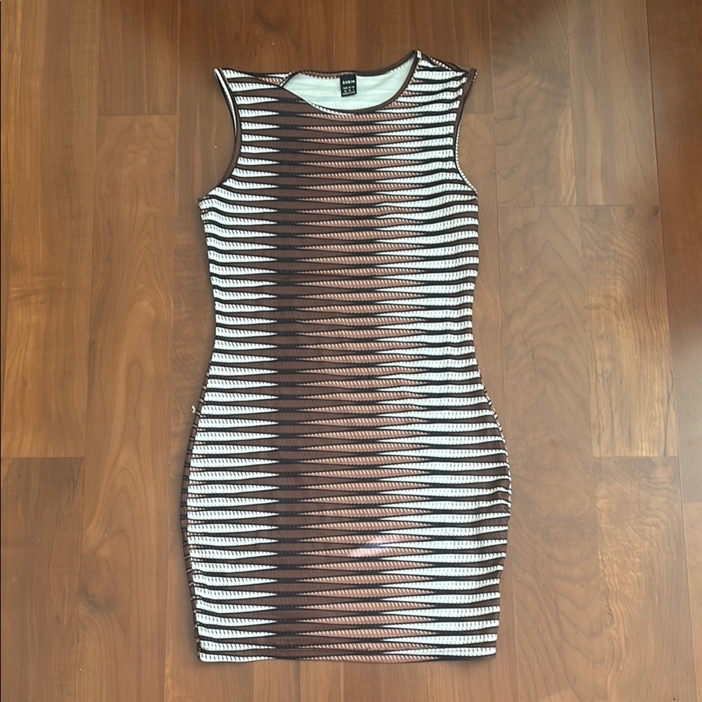 SHEIN Brown and White Striped Mini Dress